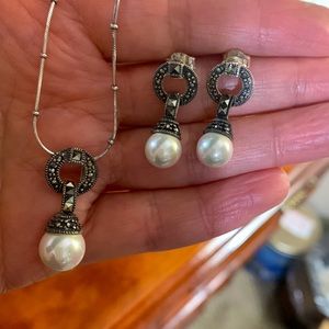 925 Sterling Silver marcasite with Fresh water pearl pendant and earrings set